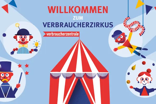 Illustration von Artisten, die um Ein Zirkuszelt aufgestellt sind. In der Mitte steht: Willkommen zum Verbraucherzirkus