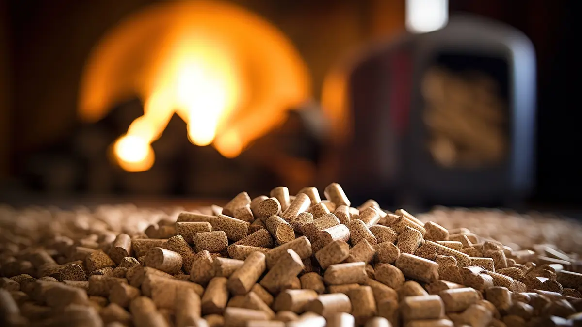 Holzpellets liegen im Vordergrund, während im unscharfen Hintergrund ein Kaminfeuer brennt.