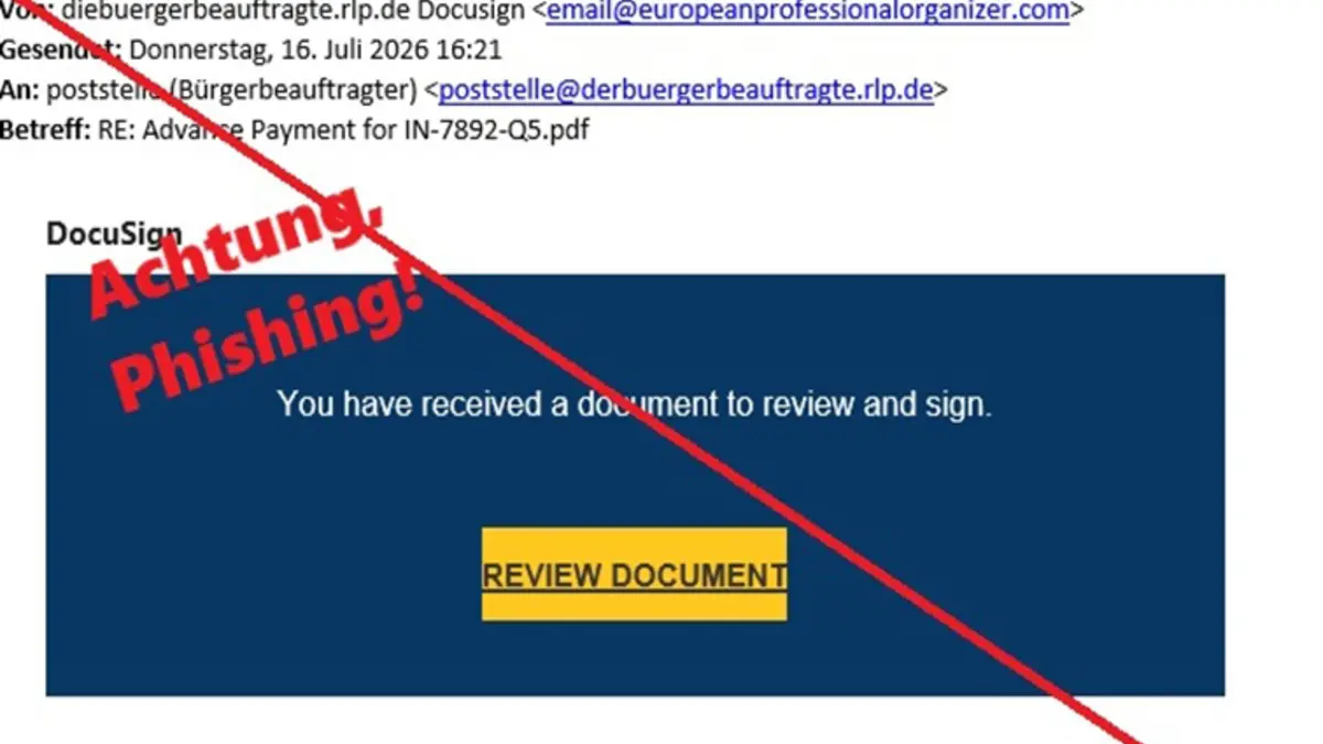 Screenshot Phishing Bürgerbeauftragten Rheinland-Pfalz: diebuergerbeauftragte.rlp.de Docusign email@europeanprofessionalorganizer.com