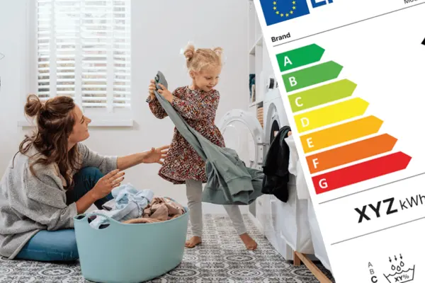 Bildcollage, links Erwachsene und Kind beim Herausnehmen sauberer Wäsche, rechts Ausschnitt eines Energieeffizienzlabes für Wäschetrockner