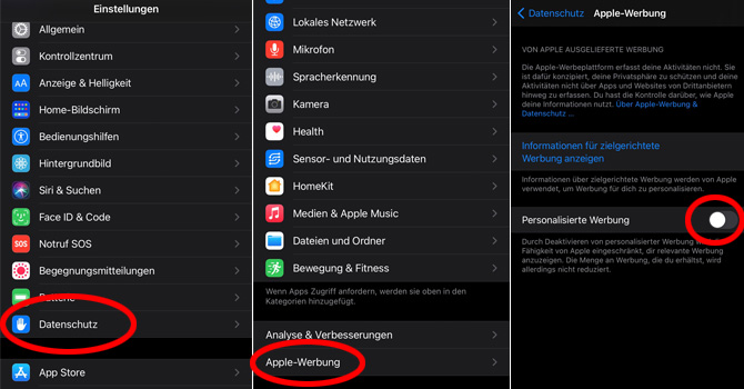 Screenshots Einstellungen für personalisierte Werbung von Apple in iOS 14.5. Die Schritte werden im Text unter der Grafik beschrieben.