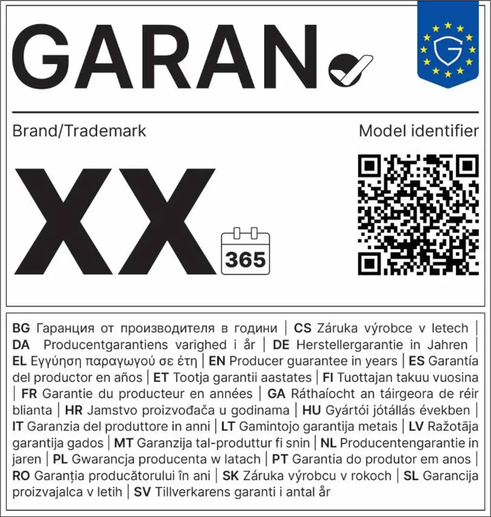 Muster eines EU-Garantielabels mit der Bezeichnung "GARAN" und einem Häkchen-Symbol sowie dem EU-Sternenkranz-Schild-Logo oben rechts. Im oberen Bereich stehen die Platzhalterfelder "Brand/Trademark" und "Model identifier", darunter jeweils ein Platzhalter "XX" für die Markenangabe, ein Kalendersymbol mit der Zahl 365 für die Garantiedauer in Tagen sowie ein QR-Code für die Modellkennung.
Im unteren Bereich des Labels ist der Begriff "Herstellergarantie in Jahren" in den 24 Amtssprachen der Europäischen Union aufgeführt, jeweils mit vorangestelltem Sprachkürzel (unter anderem BG, CS, DA, DE, EL, EN, ES, ET, FI, FR, GA, HR, HU, IT, LT, LV, MT, NL, PL, PT, RO, SK, SL, SV), getrennt durch senkrechte Striche.
Das Label ist schwarz-weiß gehalten, lediglich das EU-Logo oben rechts erscheint in Blau und Gold.