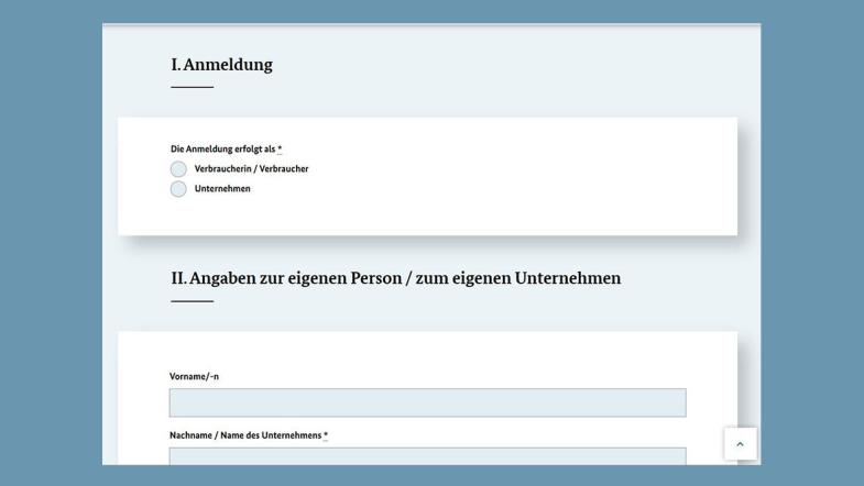 Screenshot der Webseite des Bundesjustizamts: Angabe der persönlichen Daten im Formular