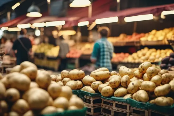 Kartoffeln in einem Supermarkt mit verschwommenen Menschen im Hintergrund.