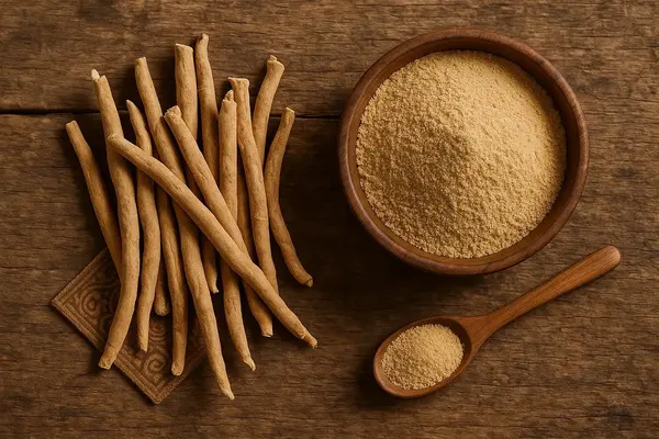 Eine Schale mit Ashwagandha-Pulver, einem Nahrungsergänzungsmittel