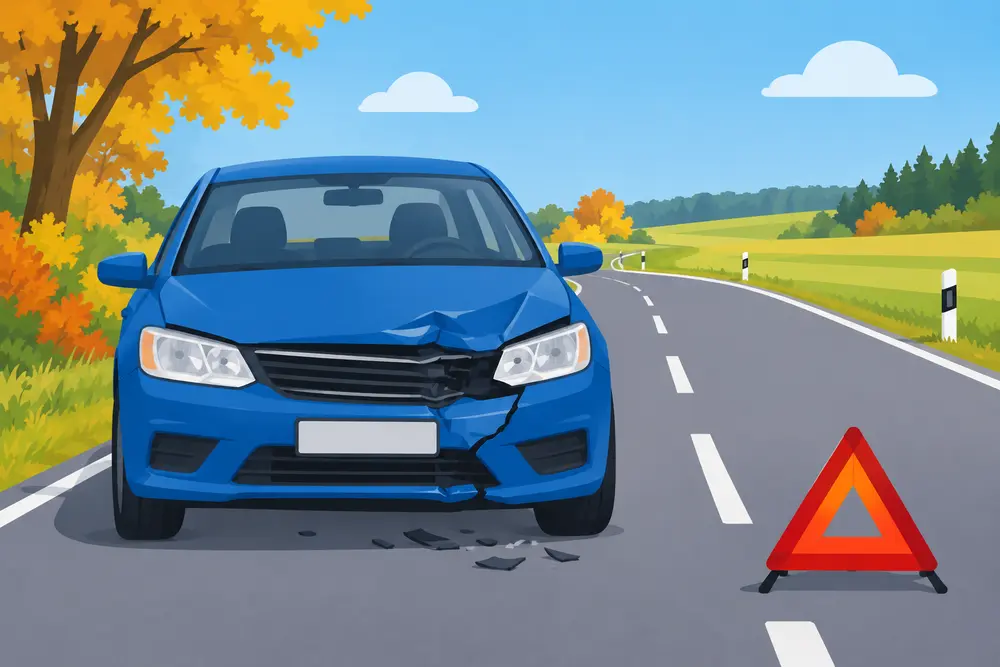 für leichte Sprache: Blaues Auto auf einer Landstraße, Schaden am Kühler, Warndreieck davor