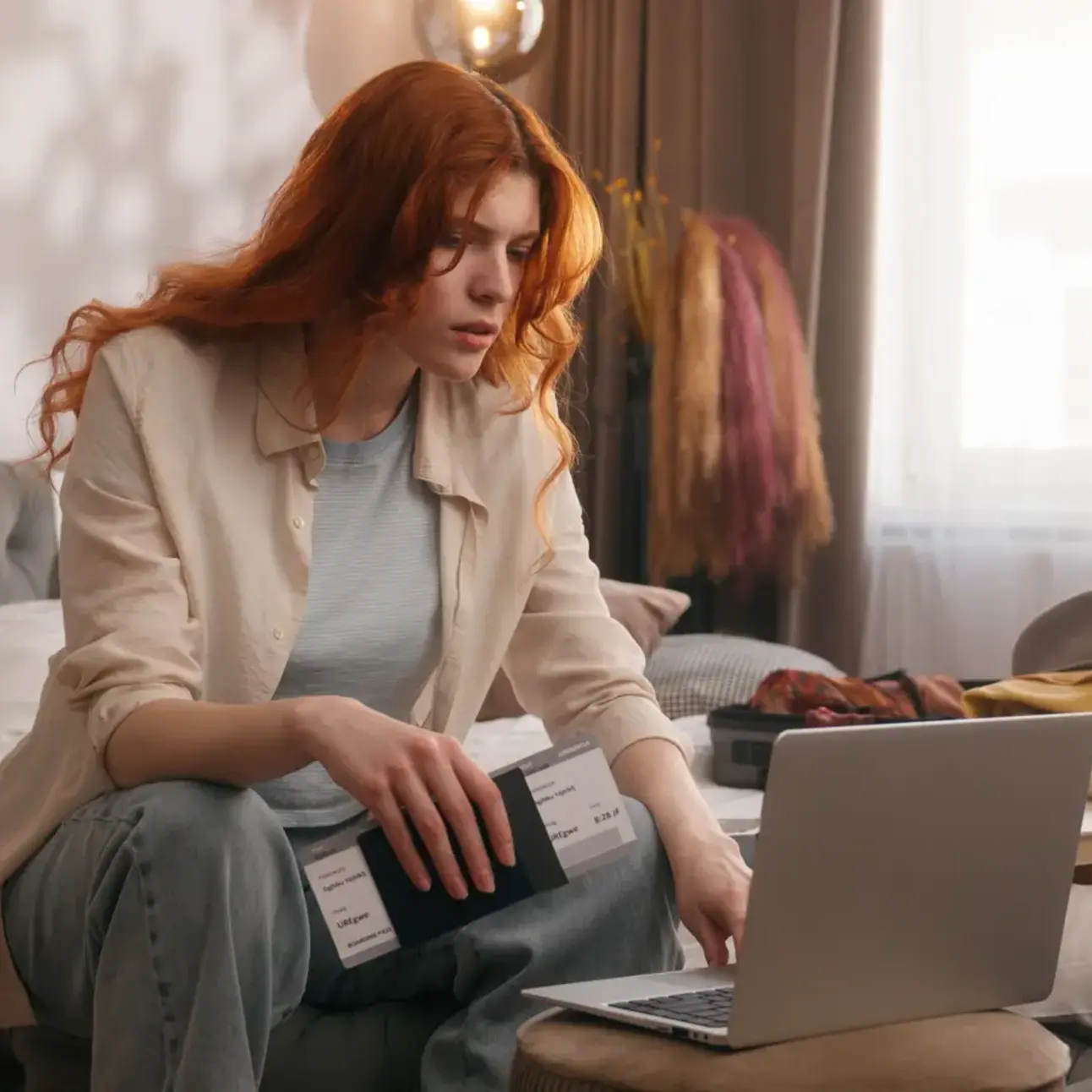 Frau vor Notebook mit Pass und Bordkarten in der Hand