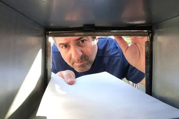 Betrügerische "Mahnung": Ein Mann holt einen Umschlag aus seinem Briefkasten
