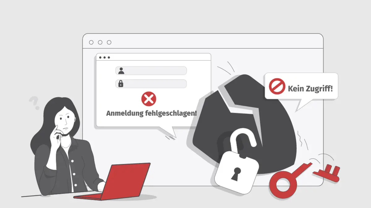 An einem Schreibtisch sitzt eine Frau mit einem fragenden Gesichtsausdruck. Sie schaut auf ihren Laptop-Bildschirm, auf dem ein zerbrochenes Schutzschild und ein zerbrochener Schlüssel zu sehen sind. Aus Sprechblasen auf dem Bildschirm sind Worte wie 'Kein Zugriff' und 'Anmeldung fehlgeschlagen' zu lesen.