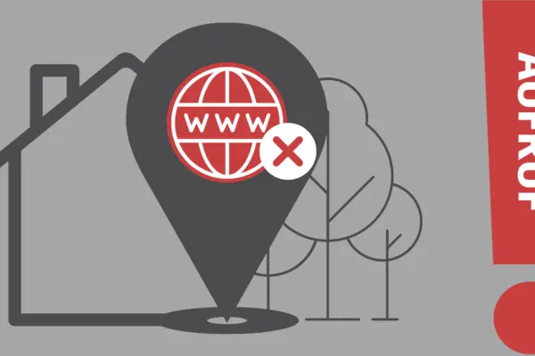 Ein Ausrufezeichen mit dem Wort Aufruf, daneben ein Haus und ein Symbol für Internet.