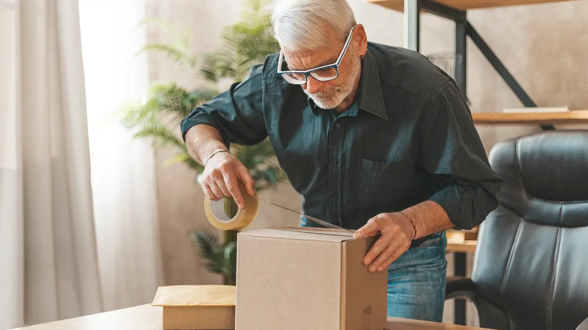 Mann verschließt ein Paket für die Rücksendung
