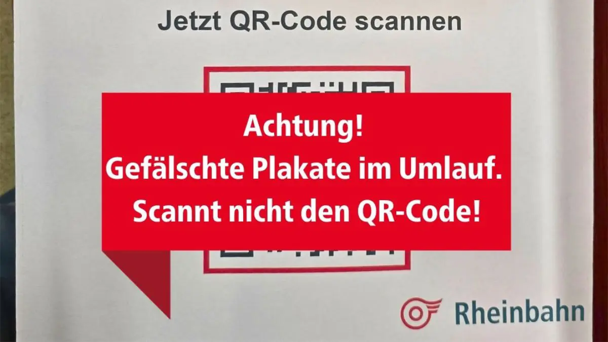 Ausschnitt eines Plakats mit Rheinbahn-Logo und dem Hinweis: "Achtun! Gefälschte Plakate im Umlauf. Scannt nicht den QR-Code!"