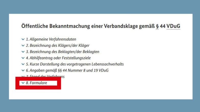 Screenshot der Webseite des Bundesjustizamts: Informationen zur Musterfeststellungsklage