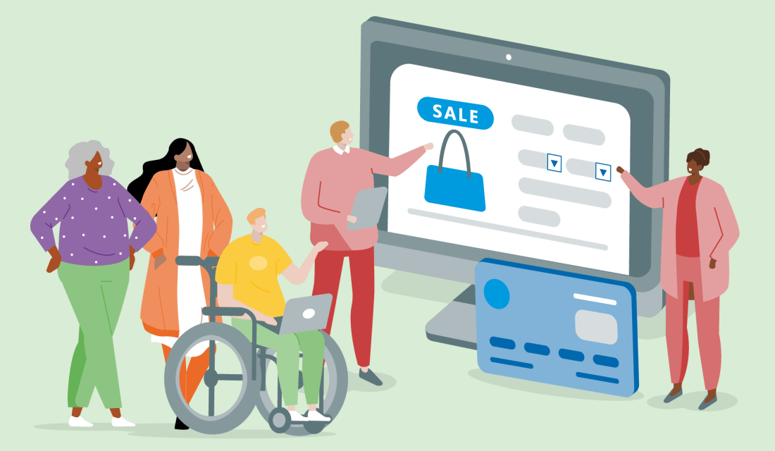 Eine Gruppe von Menschen informiert such zu digitalen Themen wie Einkaufen im Netz 