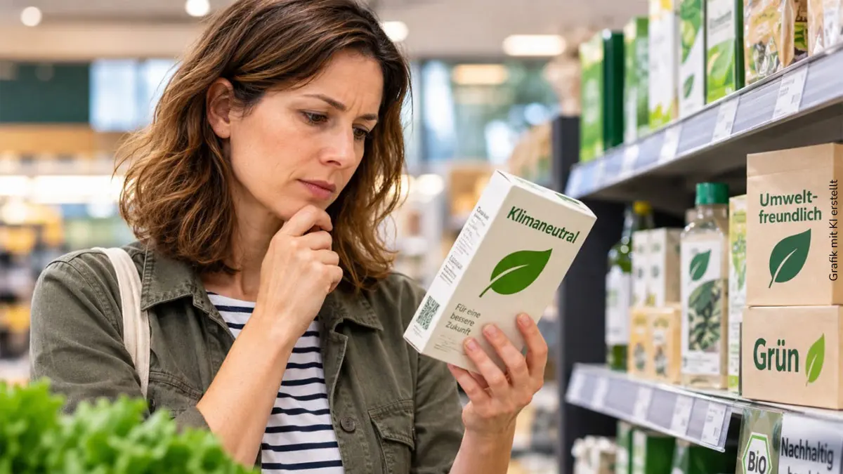 Eine Frau steht im Supermarkt und hält eine Verpackung in der Hand, wodrauf steht "Klimaneutral".