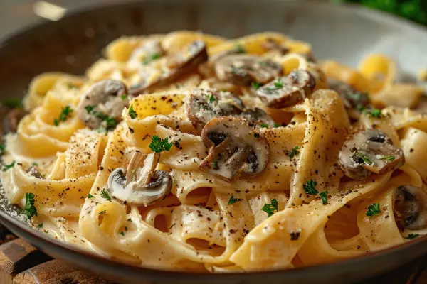Eine Schale Nudeln mit Pilzcremesauce