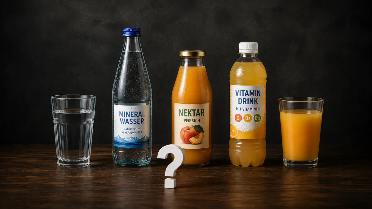 Eine Glasflasche Mineralwasser mit vollem Wasserglas links, eine Glasflasche Pfirsichnektar in der Mitte und eine Plastikflasche Vitamindrink mit vollem Saftglas rechts auf einem Holztisch; mittig davor ein kleines weißes Fragezeichen.