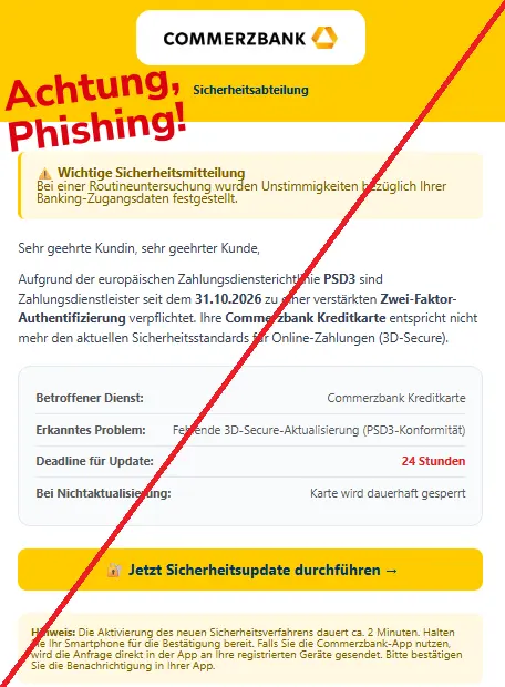 Screenshot einer Mail mit dem Logo der "Commerzbank" und dem Text: "Commerzbank
Sicherheitsabteilung
⚠️ Wichtige Sicherheitsmitteilung
Bei einer Routineuntersuchung wurden Unstimmigkeiten bezüglich Ihrer Banking-Zugangsdaten festgestellt.
Sehr geehrte Kundin, sehr geehrter Kunde,
Aufgrund der europäischen Zahlungsdiensterichtlinie PSD3 sind Zahlungsdienstleister seit dem 31.10.2026 zu einer verstärkten Zwei-Faktor-Authentifizierung verpflichtet. Ihre Commerzbank Kreditkarte entspricht nicht mehr den aktuellen Sicherheitsstandards für Online-Zahlungen (3D-Secure).
Betroffener Dienst:
Commerzbank Kreditkarte
Erkanntes Problem:
Fehlende 3D-Secure-Aktualisierung (PSD3-Konformität)
Deadline für Update:
24 Stunden
Bei Nichtaktualisierung:
Karte wird dauerhaft gesperrt
🔐 Jetzt Sicherheitsupdate durchführen →
Hinweis: Die Aktivierung des neuen Sicherheitsverfahrens dauert ca. 2 Minuten. Halten Sie Ihr Smartphone für die Bestätigung bereit. Falls Sie die Commerzbank-App nutzen, wird die Anfrage direkt in der App an Ihre registrierten Geräte gesendet. Bitte bestätigen Sie die Benachrichtigung in Ihrer App."