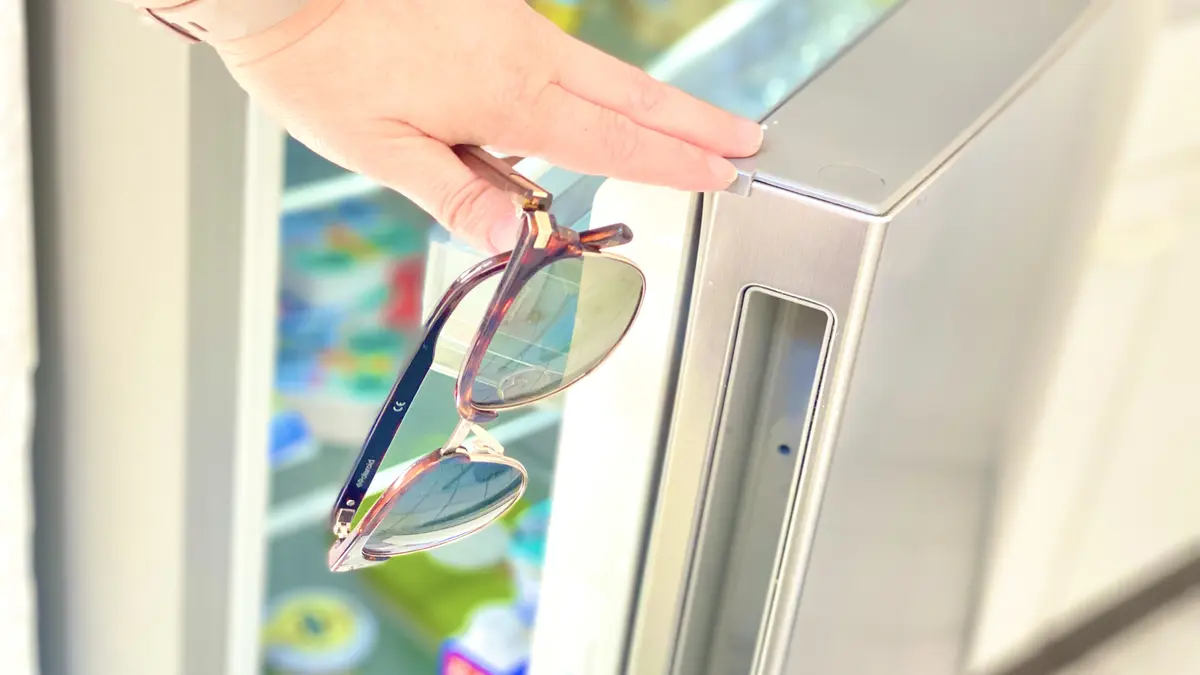 offene Kühlschranktür mit Sonnenbrille