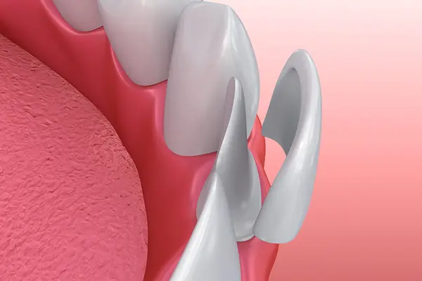 Dentalveneers: Installationsverfahren für Porzellanfurniere. 3D-Illustration 