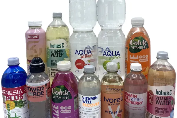 Zwölf Flaschen Vitaminwasser von verschiedenen Anbietern.