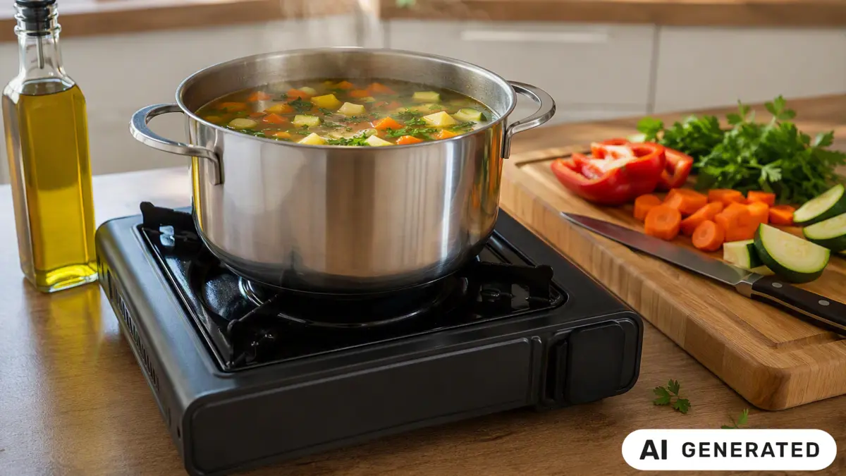 Gaskocher mit Topf mit dampfender Suppe, daneben aufgeschnittenes Gemüse