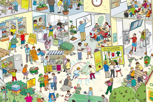 Ein Wimmelbild mit Szenen einer Schule und eines Schulhofs, das in verschiedenen positiven und negativen Situationen den Umgang mit Lebensmitteln zeigt