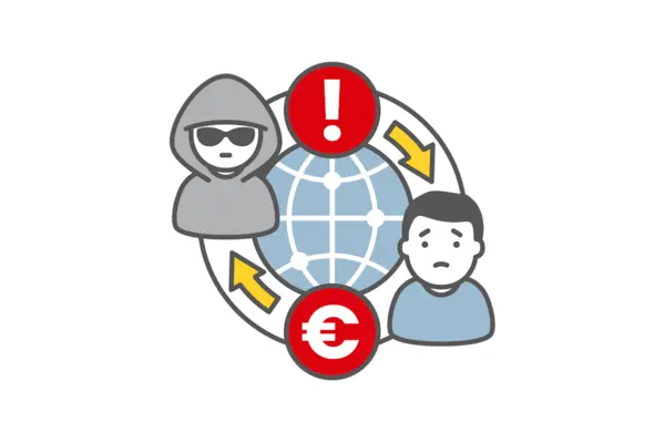 Zeichnung Mensch mit Hoodie und Sonnenbrille, Ausrufezeichen, Eurozeichen, Mensch mit blauem Schirt