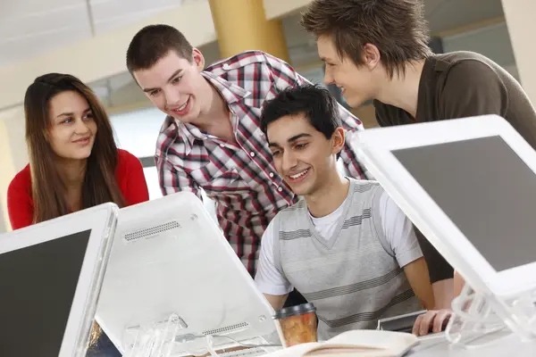 Eine Gruppe Studenten vor Computern