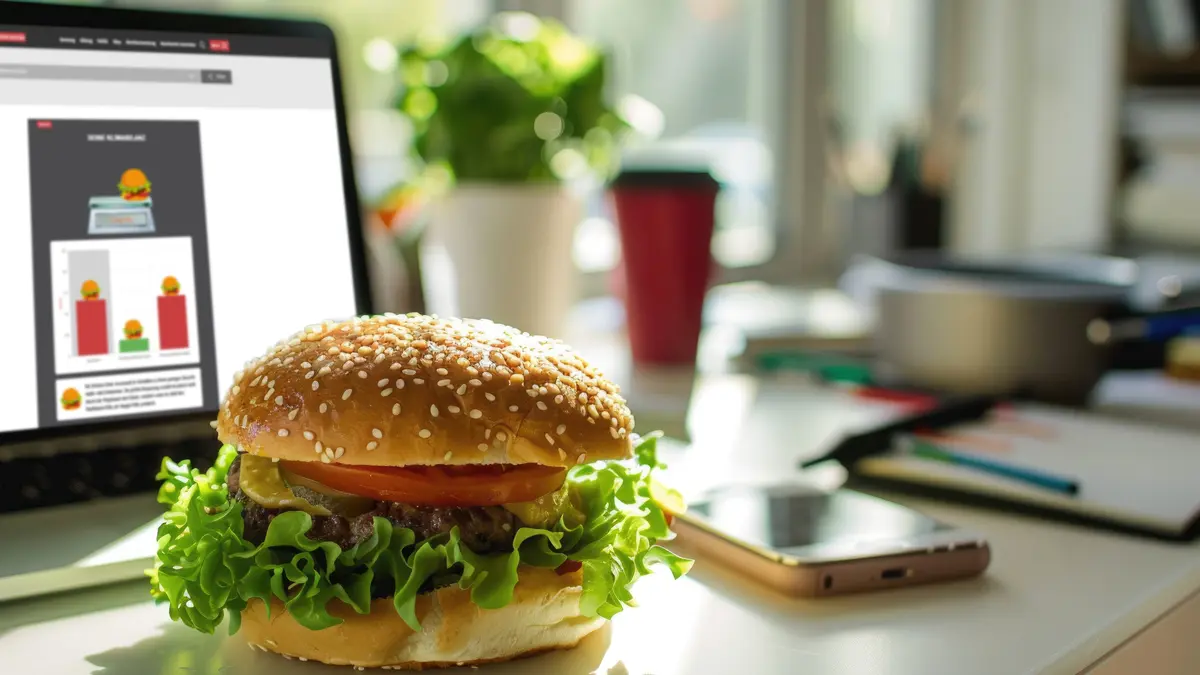 Burger auf Schreibtisch vorm Laptop