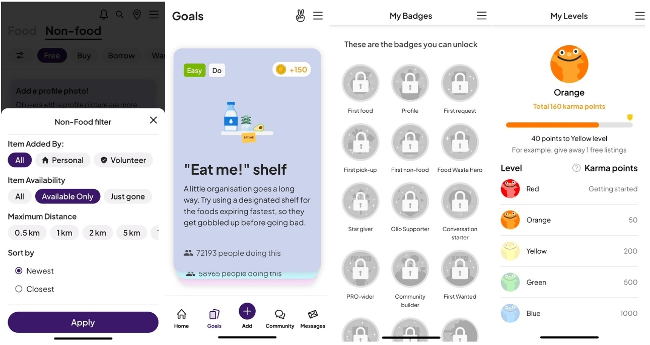 Verschiedene Screenshots der App Olio