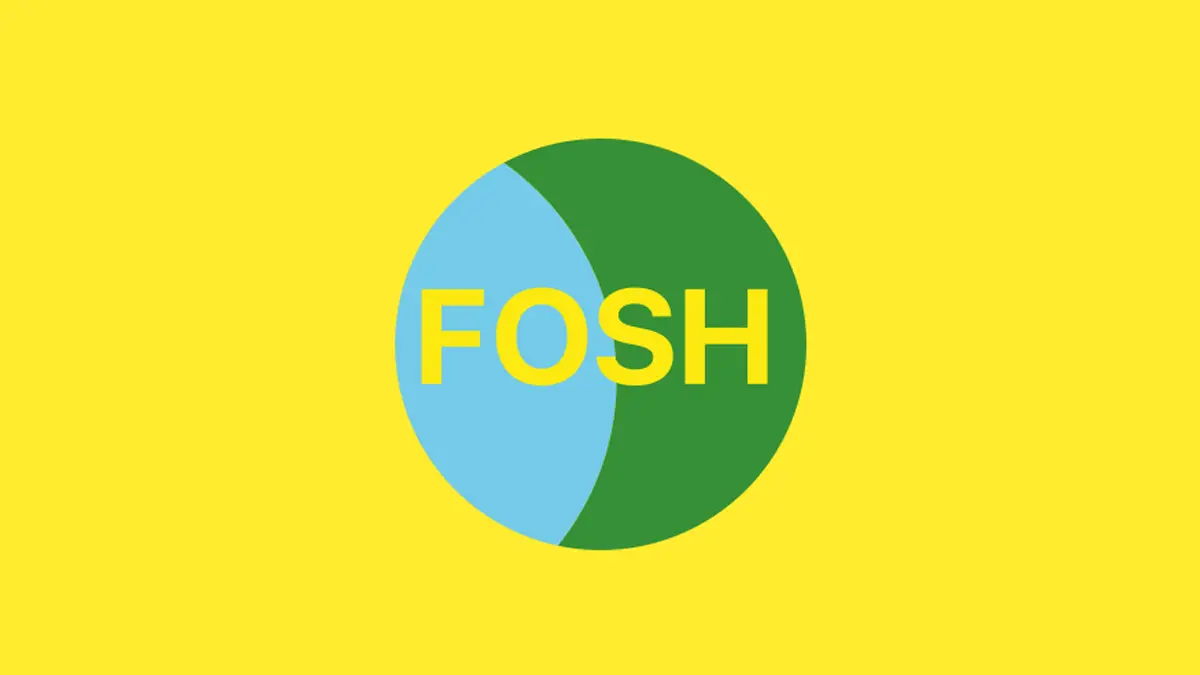 Grünblauer Kreis mit Schriftzug "FOSH" als Logo der gleichnamigen App