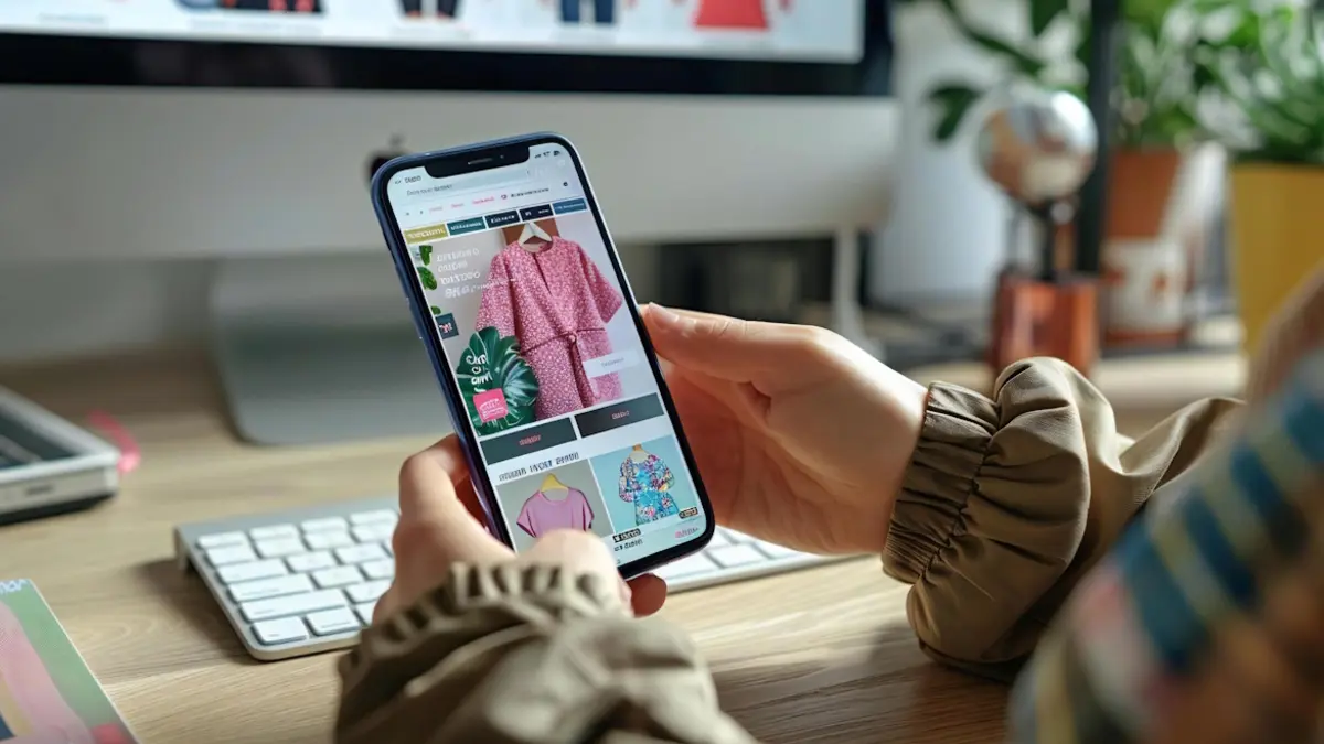 Nahaufnahme einer Hand mit Mobiltelefon beim Onlineshopping an Holztisch