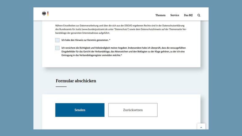 Screenshot der Webseite des Bundesjustizamts: Bestätigung der persönlichen Angaben und Absenden des Formulars