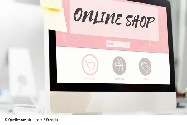 Auf dem Monitor ist eine Schrift Online-Shop