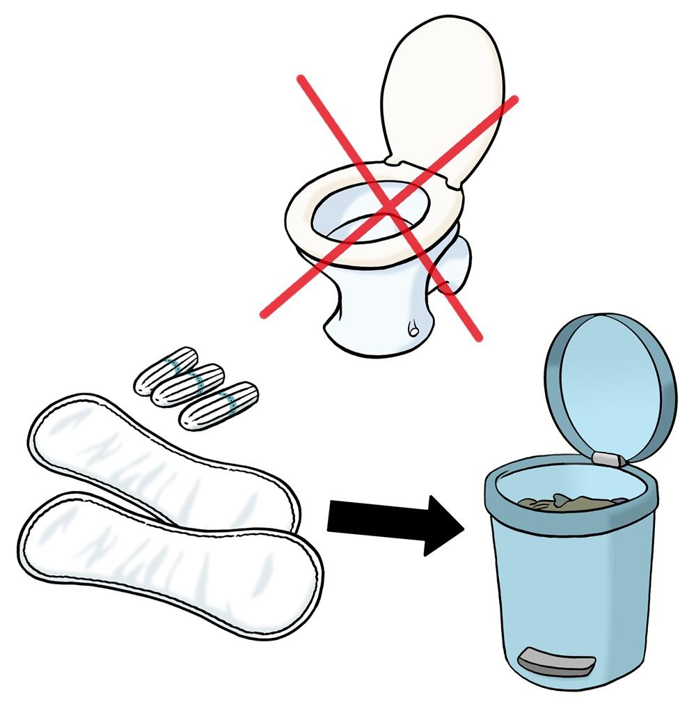 Binden und Tampons neben Klo, durchgestrichen