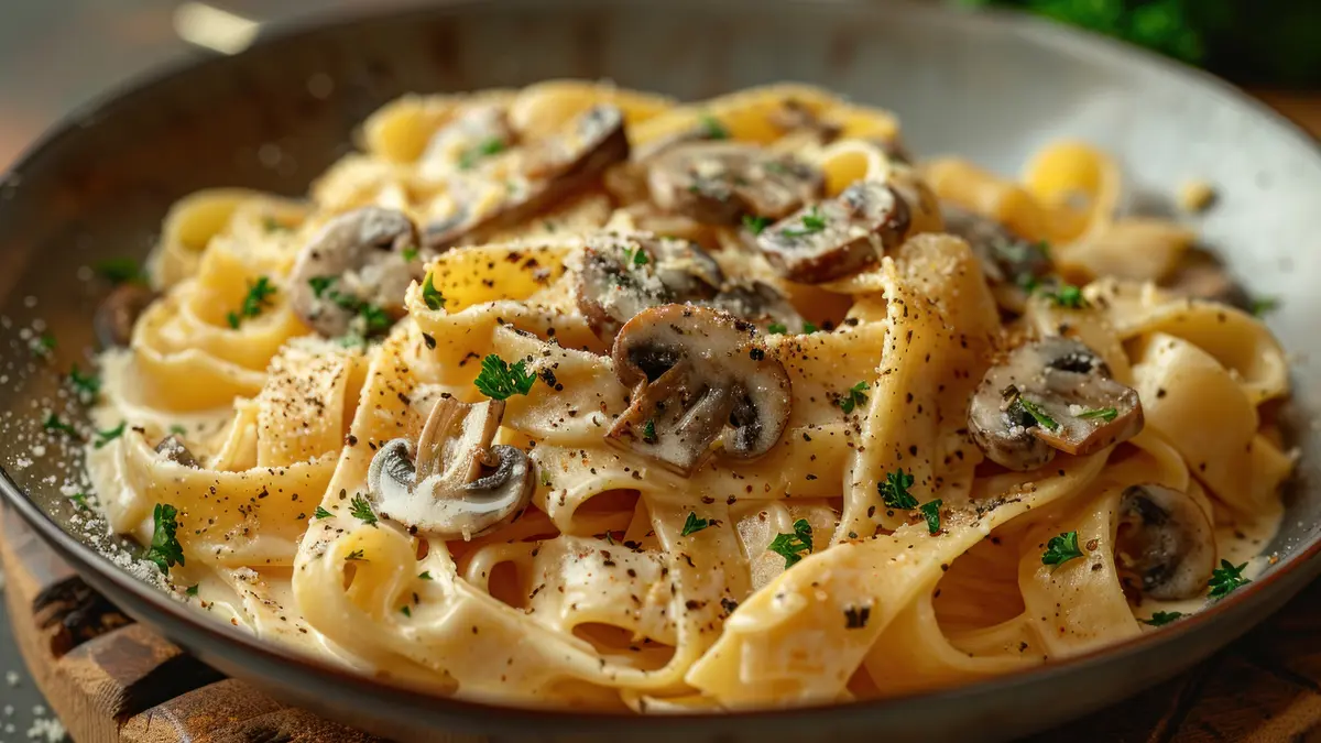 Eine Schale Nudeln mit Pilzcremesauce