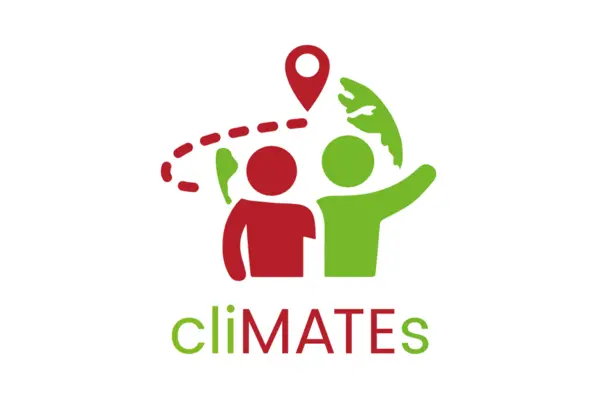 Illustration zweier Personen in grün und rot unter Markierungspunkt als Logo der App "cliMATEs"