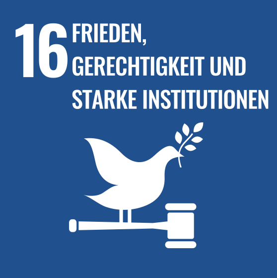 Grafik mit einer Taube mit Zweig im Schnabel sowie einem Gerichtshammer, dazu der Text "16 Frieden Gerechtigkeit und starke Institutionen" 