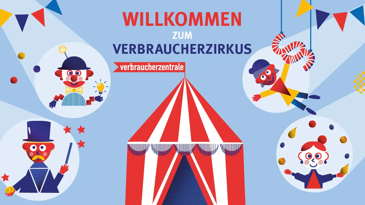 Illustration von Artisten, die um Ein Zirkuszelt aufgestellt sind. In der Mitte steht: Willkommen zum Verbraucherzirkus