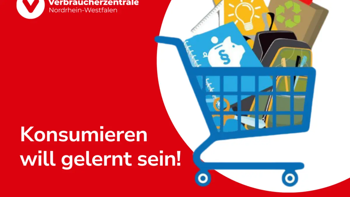 Einkaufswagen sowie der Text "Konsumieren will gelernt sein"