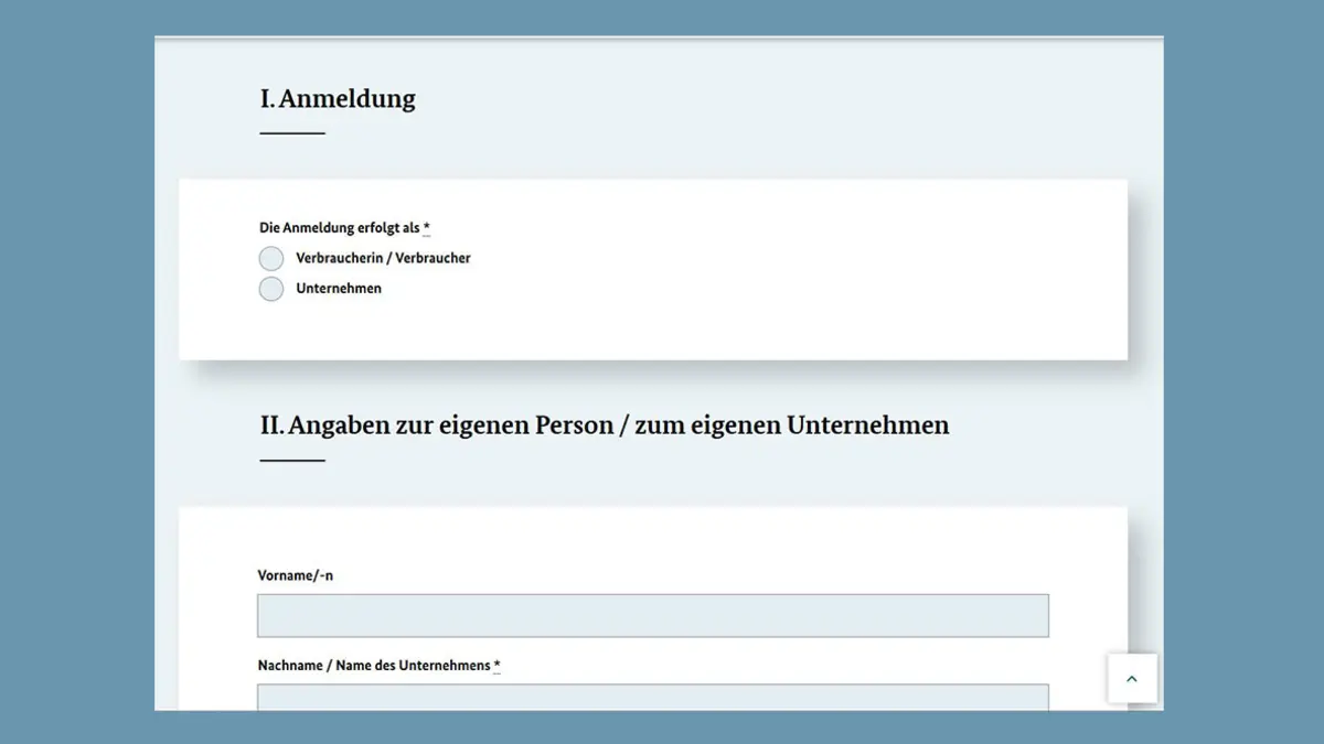 Screenshot der Webseite des Bundesjustizamts: Angabe der persönlichen Daten im Formular