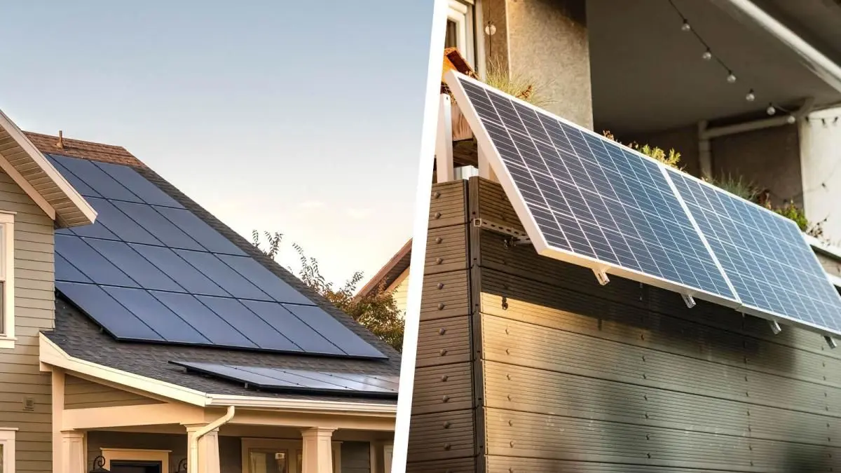 links Solaranlage auf dem Dach, rechts Solarmodule am Balkon