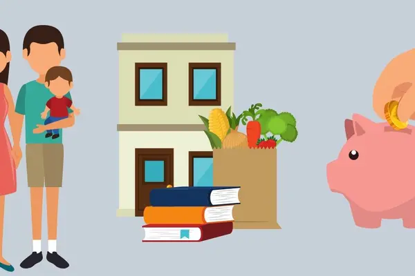 Zu sehen sind ein Sparschwein, Eltern mit einem Kleinkind und Ein Haus mit Einkäufen und Lehrbüchern.