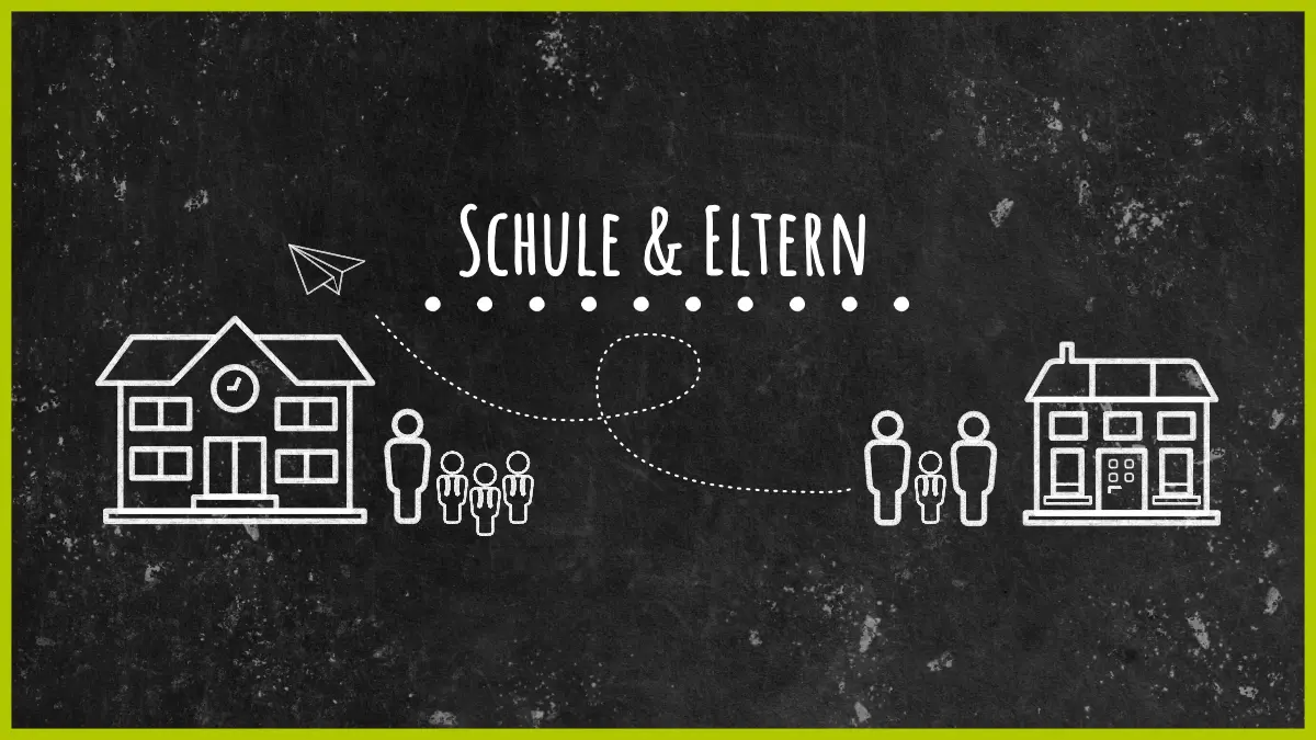 Schwarze Tafel mit Schriftzug Schule und Eltern sowie Kreidezeichnung einer Schule und eines Wohnhauses mit Personen