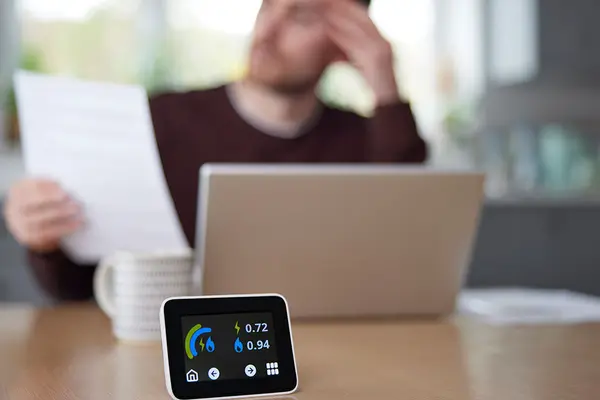 Ein Mann sitzt am Schreibtisch und liest Unterlagen, auf dem Schreibtisch ein smarter Energie-Verbrauchszähler