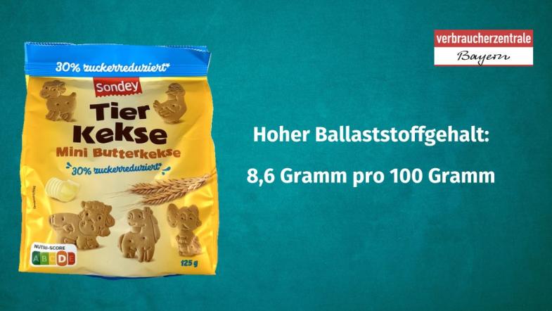 Produktfoto von Kinderkeksen mit der Angabe des Ballaststoffgehaltes