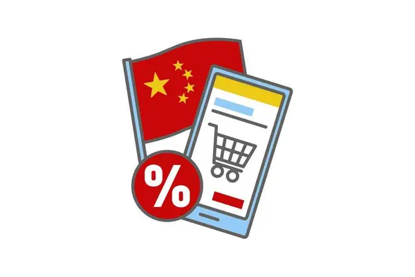 Eine Grafik, die ein Smartphone mit einem Einkaufswagen auf dem Bildschirm zeigt, im Hintergrund die Nationalflagge Chinas und im Vordergrund ein rotes Prozentsymbol.
