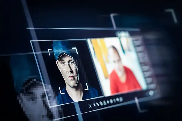 Ein Computerbildschirm zeigt das Gesicht einer Person, das gerade mit Hilfe künstlicher Intelligenz bearbeitet wird. 