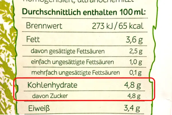 Nährwertangaben auf einer Milchverpackung, unter Kohlenhydraten und davon Zucker stehen jeweils 4,8 g